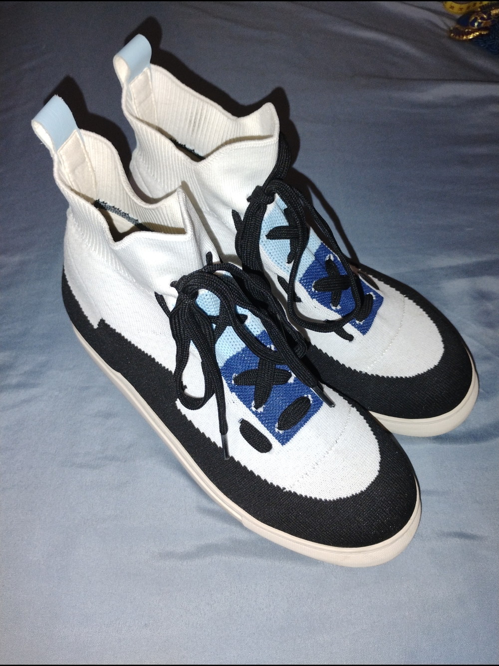 Authentic All Black High-Top Knit Sneakers in White, Black & Blue